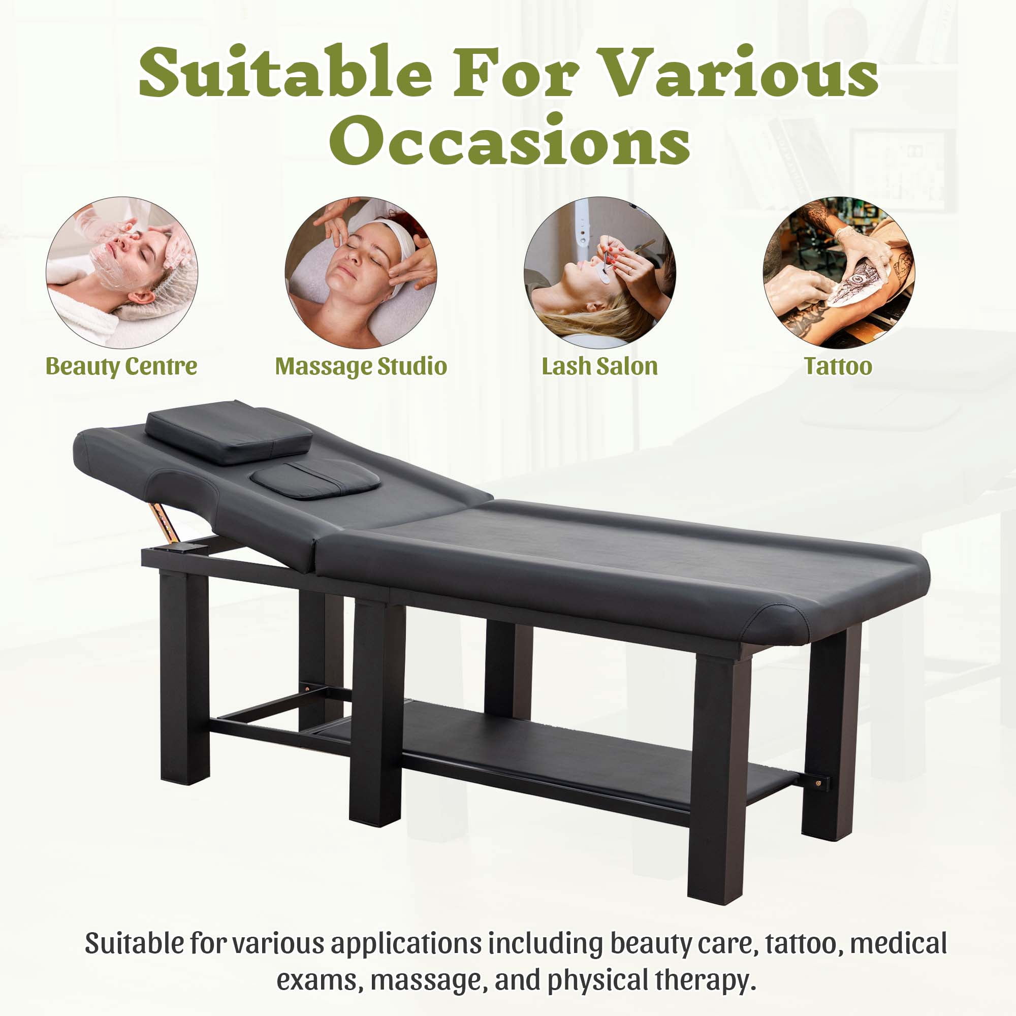 Miniyam 72.7" x 27.5" x 24.0" Massage Table – Adjustable Backrest 0-15°, Detachable Headrest, Bottom Storage, Waterproof Cushion, Steel Frame, 330 lbs – Black