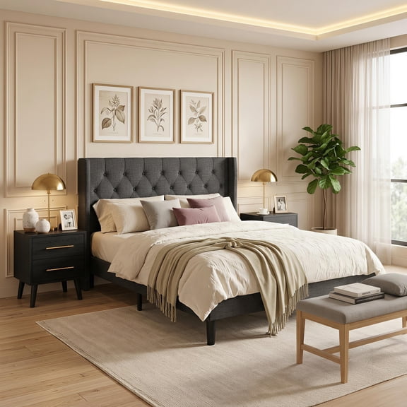 Noelse 3-Piece Bedroom Furniture Set, Queen Size Bed Frame with Upholstered Headboard & 2 Nightstands, Under Bed Storage, Noise-Free, Gray and Black