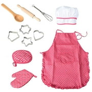 Funslane 11 Pcs Kids Cooking and Baking Set with Apron for Girls, Chef Hat, Oven Mitt, and Other Cooking Utensils for Toddler Chef Career Role Play, C