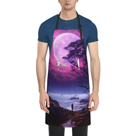 

Rateoe Purple Moon Tree Night Sky Aprons with Pocket Men Womens Aprons Waterproof Adjustable Cooking Aprons for Kitchen Gardening and Salon