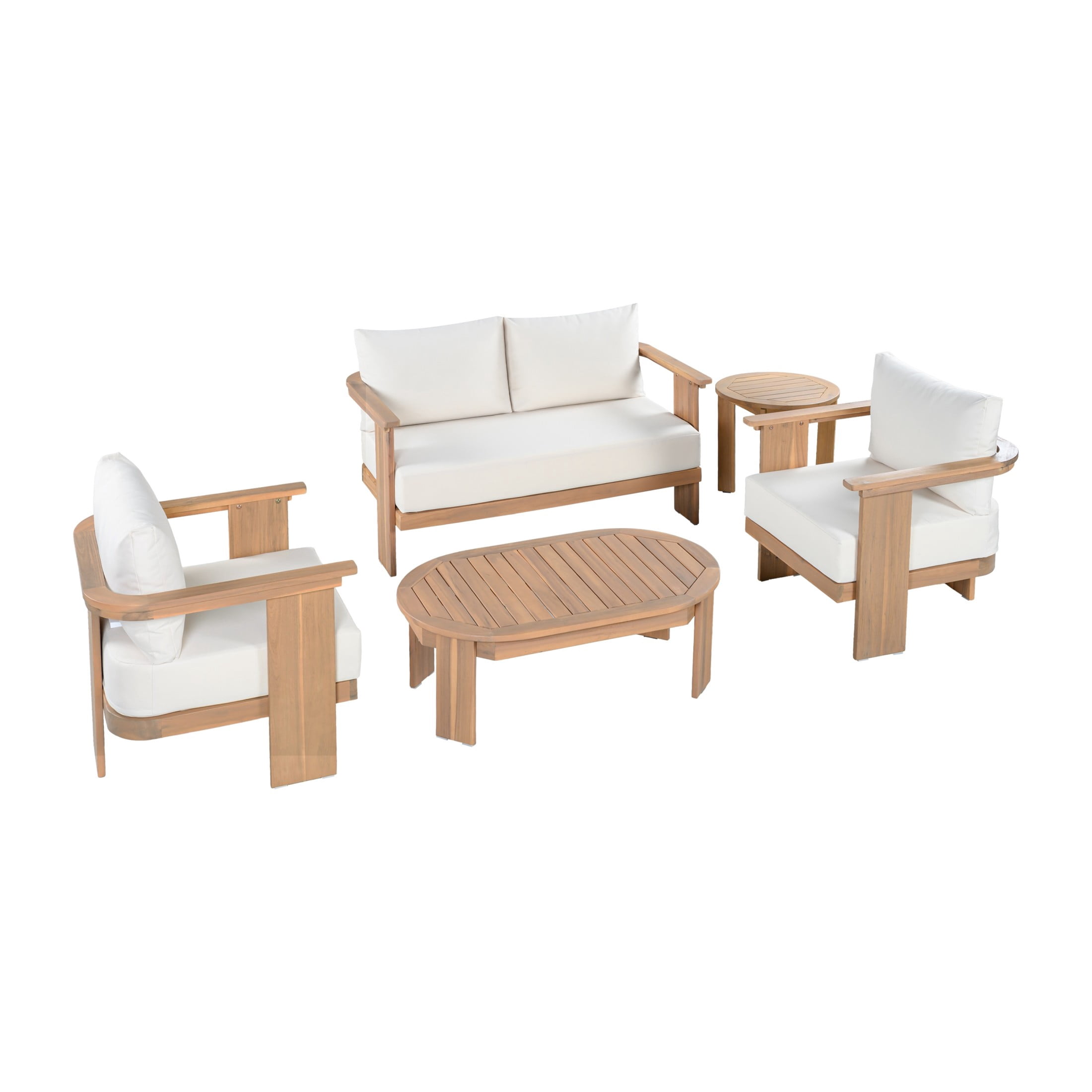 Christopher Knight Home 5-Piece Acacia Wood Patio Conversation Set with Tables, Beige Cushions, Light Teak