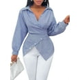 thumbnail image 2 of Summer Tops for Women Trendy Striped Button Front Long Sleeve Blouse Sky Blue S, 2 of 9