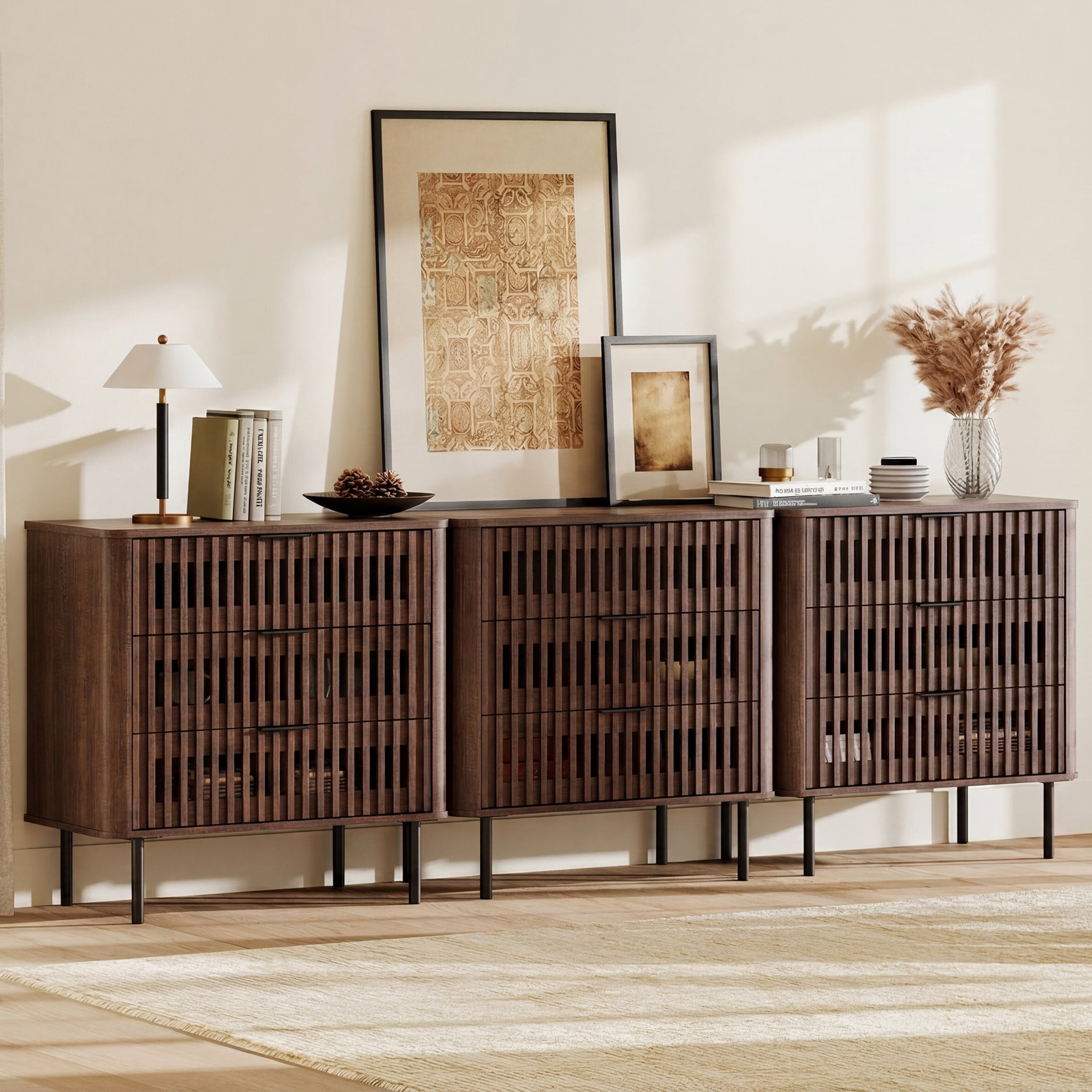 94.5"W Sideboard Buffet Cabinet with Storage, Fluted Kitchen Buffet Storage Cabinet with 9 Drawer, Large Coffee Bar Cabinet, Modern Buffet Table for Dining Living Room, Walnut