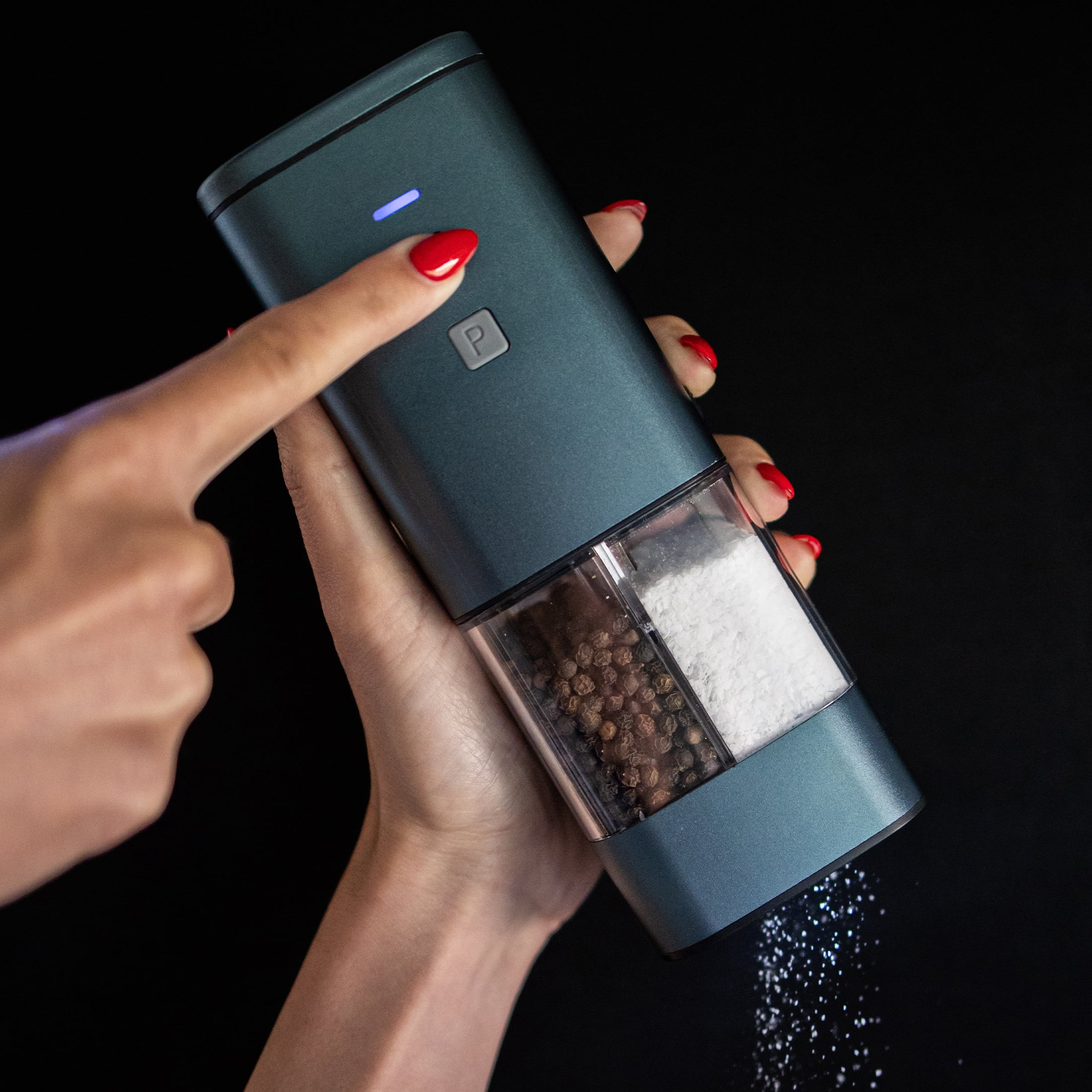 2-in-1 USB Rechargeable Salt and Pepper Grinder – Single Pack Electric Grinder with Adjustable Coarseness, LED Light, and One-Handed Operation – Neutral Color – Saturated Blue