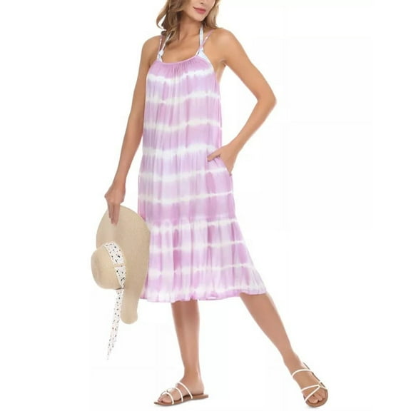 Raviya Women's Tie Dyed Tiered Swim Cover Up Dress Swimsuit Purple Size Large