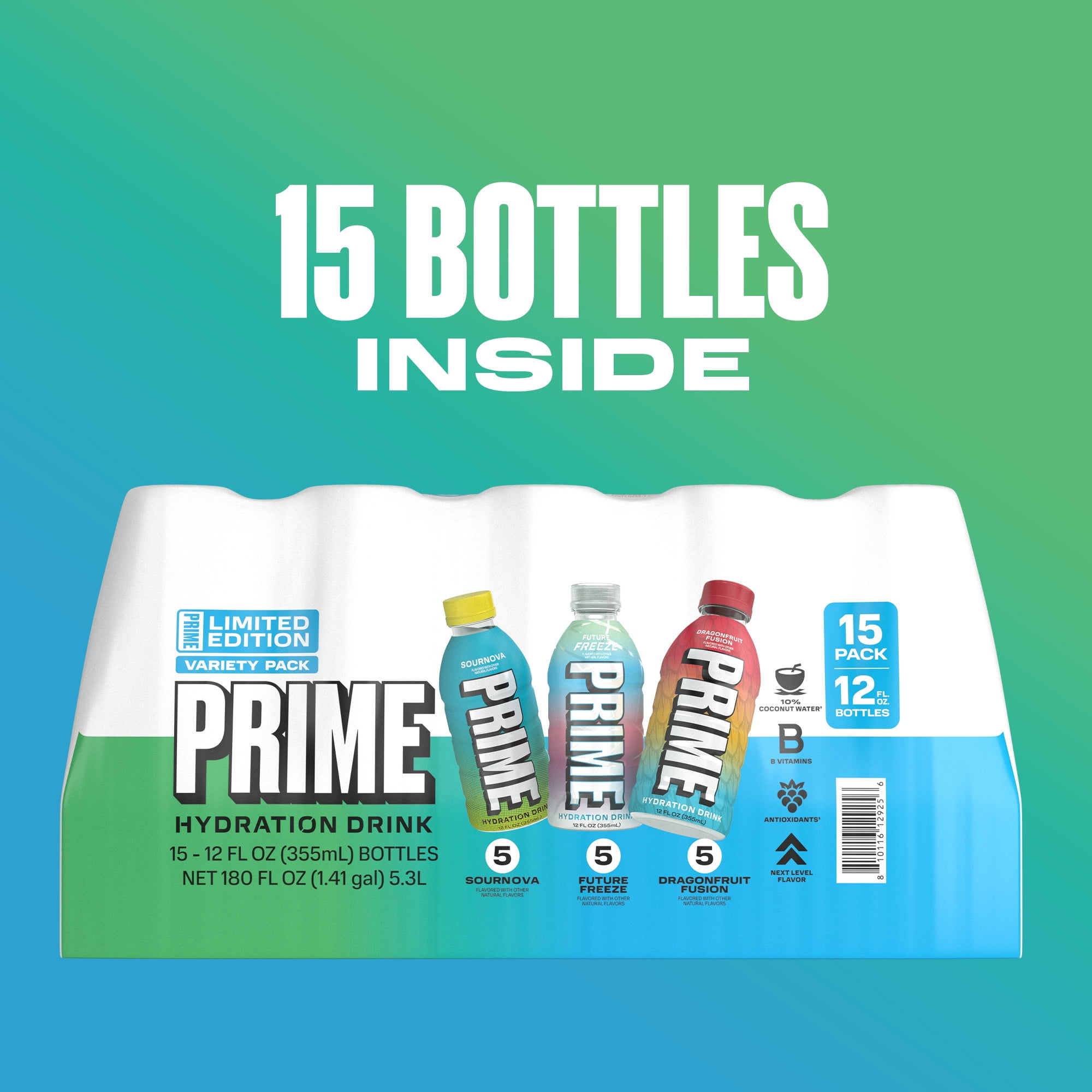 Prime Hydration Sports Drink, Dragon Fruit Fusion, Future Freeze, Sour Nova, 12 fl oz, 15 Pack, Bottles