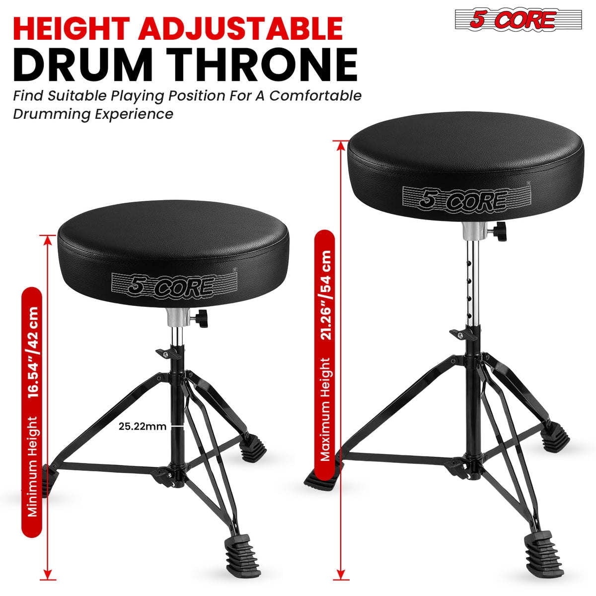 Adjustable Padded Drum Throne & Guitar Stool - Anti-Slip Rubber Feet, Universal Music Chair for Adults & Kids - Black
