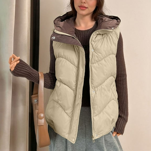 Fanxing Womens Puffer Vest with Hood Winter Stand Collar Warm Sleeveless Jacket Zip Up Quilted Coats Pockets Padded Vests Khaki XL