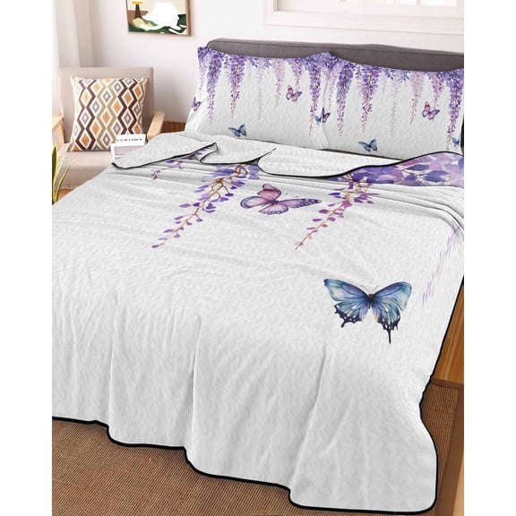 Wisteria Full Size Down Alternative Comforter, Lightweight Comforter Quilt Bedding Set with Pillow Shams Purple Flowers Butterflies Vintage Spring All Seasons Bed Comforter Duvet Insert 78"x90"