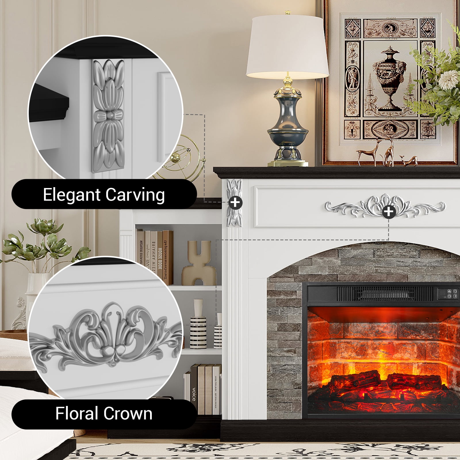 BOSHIRO 72 " Farmhouse Electric Fireplace with Mantel, White TV Stand for TVs Up to 80 Inch, Modern Entertainment Center Accent Furniture, Stacked Stone Surround, 23" Red Brick Fireplace Insert