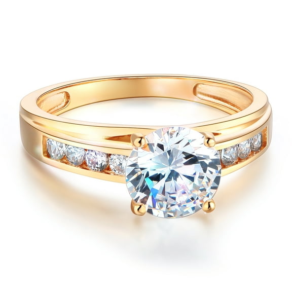 Wellingsale Ladies Solid 14k Yellow Gold Polished CZ Cubic Zirconia Round Cut Engagement Ring with Side Stones - Size 4