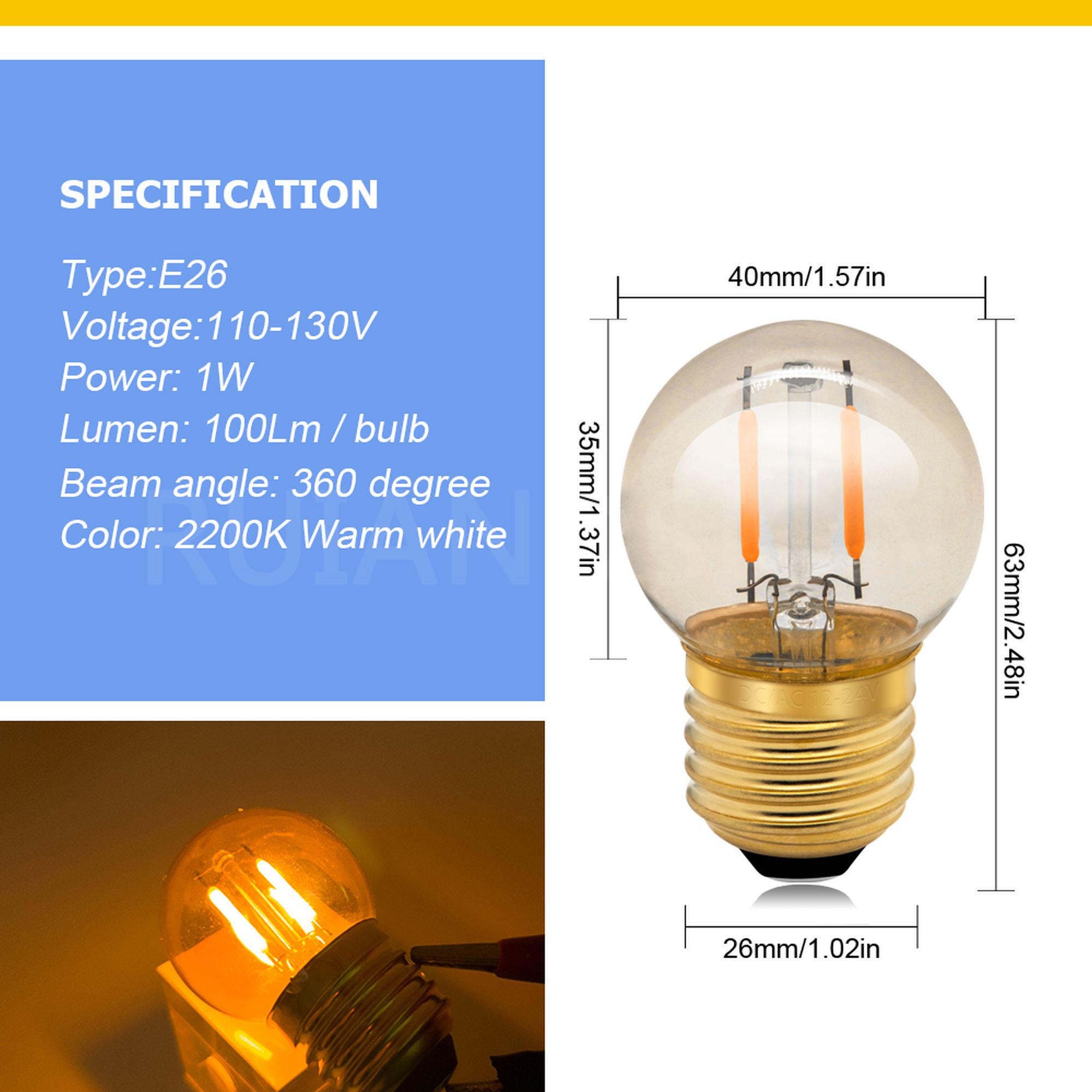 Ruiandsion 10-Pack E26 Base G40 LED Light Bulbs,110-130V 1W (10W)  Warm Amber Glow 2200K Waterproof, for  Outdoor String Lights