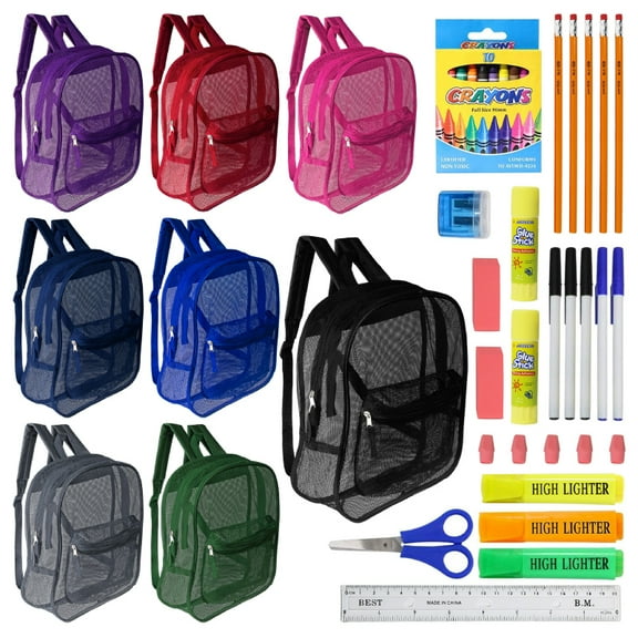 12 Wholesale 17" Mesh Backpacks in Assorted Colors & 12 Bulk School Supply Kits (36 Piece)
