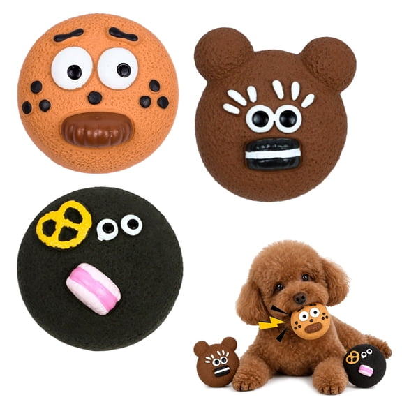 Deeow Squeaky Dog Latex Toys 3 Pack , Cute Textured Face Dog Chew Dental Care Gift Set, Interactive Puppy Teething Toy for Small & Medium Dogs