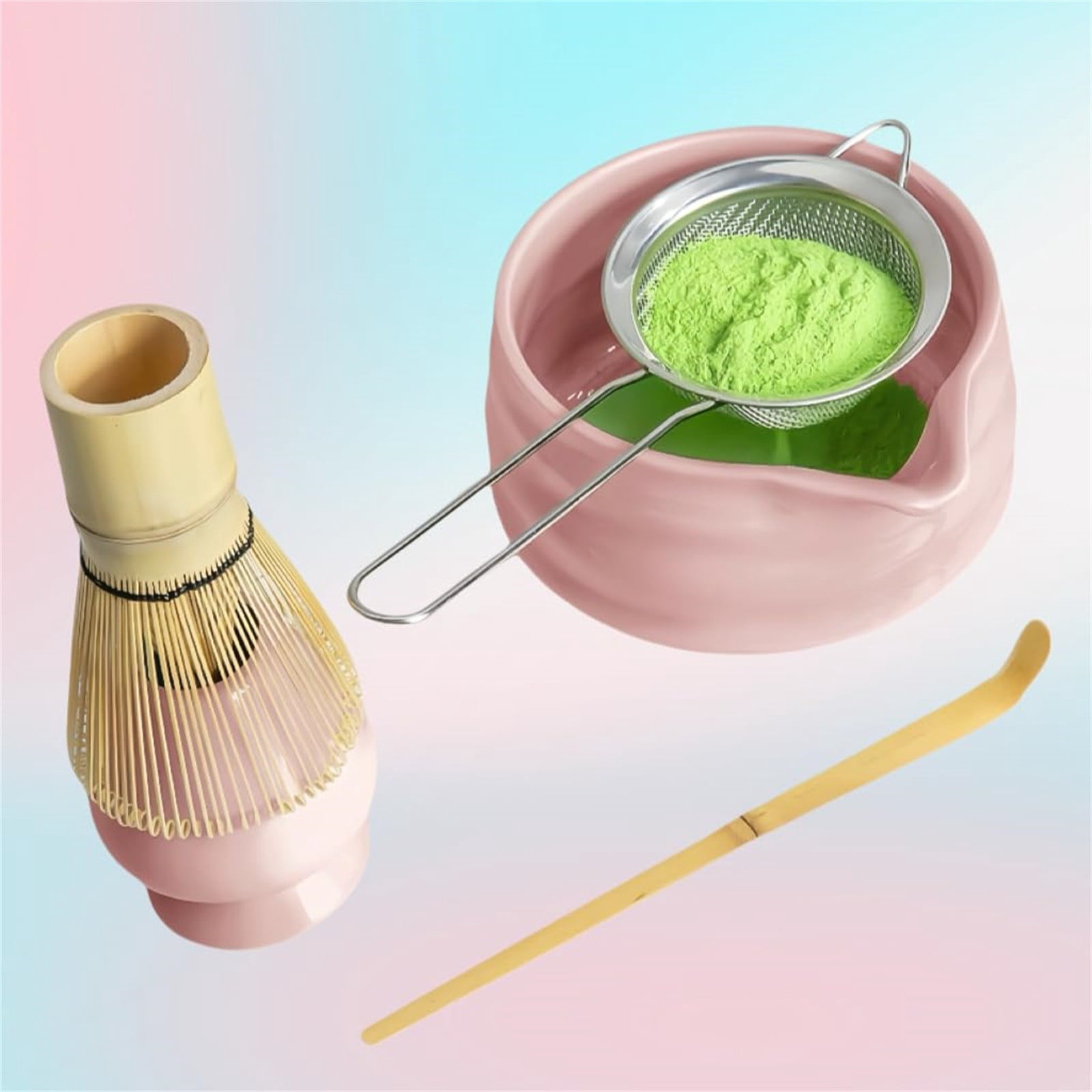 XINGXIANG Cute Pink Matcha Whisk Set 5-Piece,Matcha Sifter with Bowl, Bamboo Whisk & Holder, Strainer, Scoop, Chasen Chawan for Matcha Tea Powder Starter Kit, Traditional Ceramic Tools