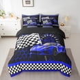 thumbnail image 3 of Manfei Cartoon Race Car 7pcs Bedding Comforter Set for Kids, Blue Honeycomb Buffalo Plaid Queen Bedding Sets, Modern Extreme Sports Reversible Queen Sheet Sets, Luxury Bedroom Decor, 3 of 8