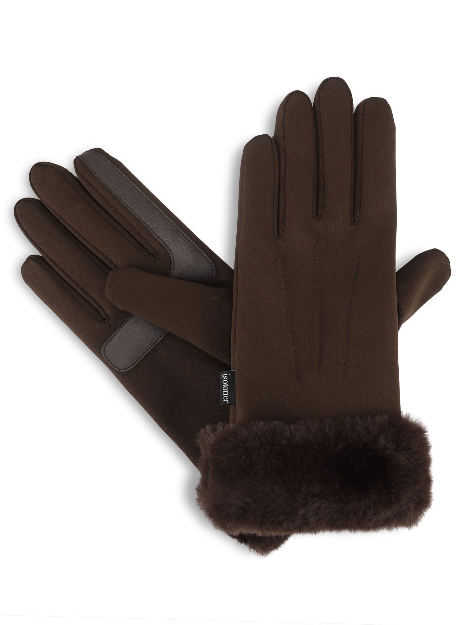 Isotoner Women's Ultraplush Spandex Gloves with Faux Fur Cuff, Brown, L/XL