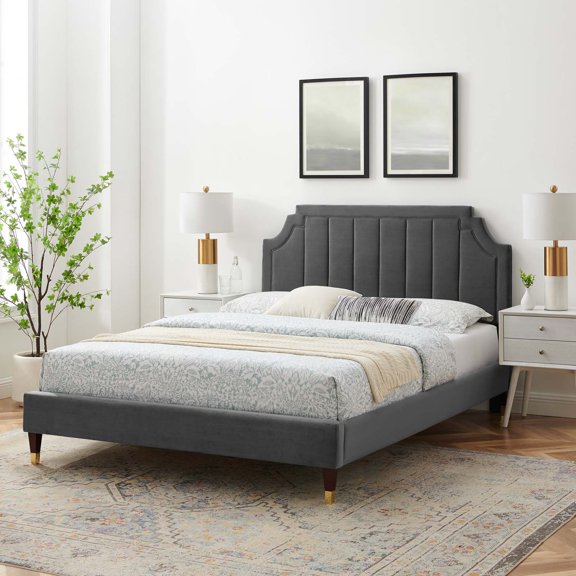 Modway Sienna Performance Velvet Queen Platform Bed in Charcoal