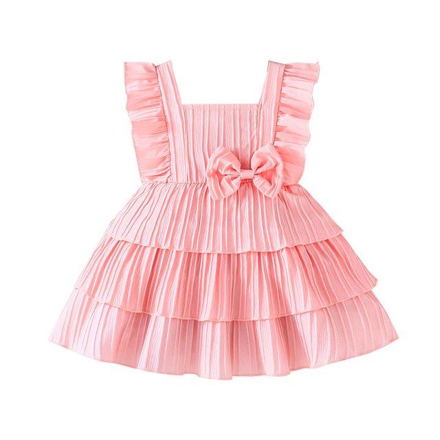 Robes Décontractées pour Filles Tout-Petits Été Couleur Unie Col Carré Sans Manches Douce Nœud Couche de Gâteau Décontractée Robe d'Été, Rouge, 2-3 Ans