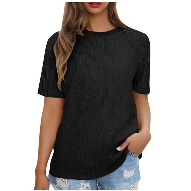 Liquidation d'Économies! T-Shirt Grande Taille pour Femmes, Blouse à Manches Courtes d'Été pour Femmes, Mode Décontractée Couleur Unie Épaule Manches Courtes Col Rond