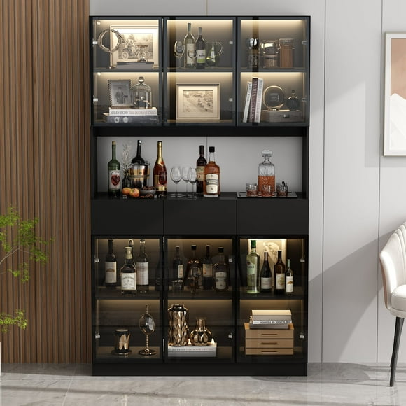 OXYLIFE Kithcen Pantry With Light and Glass Door, 78.7" H Display Cabinet for Home Office Living Room