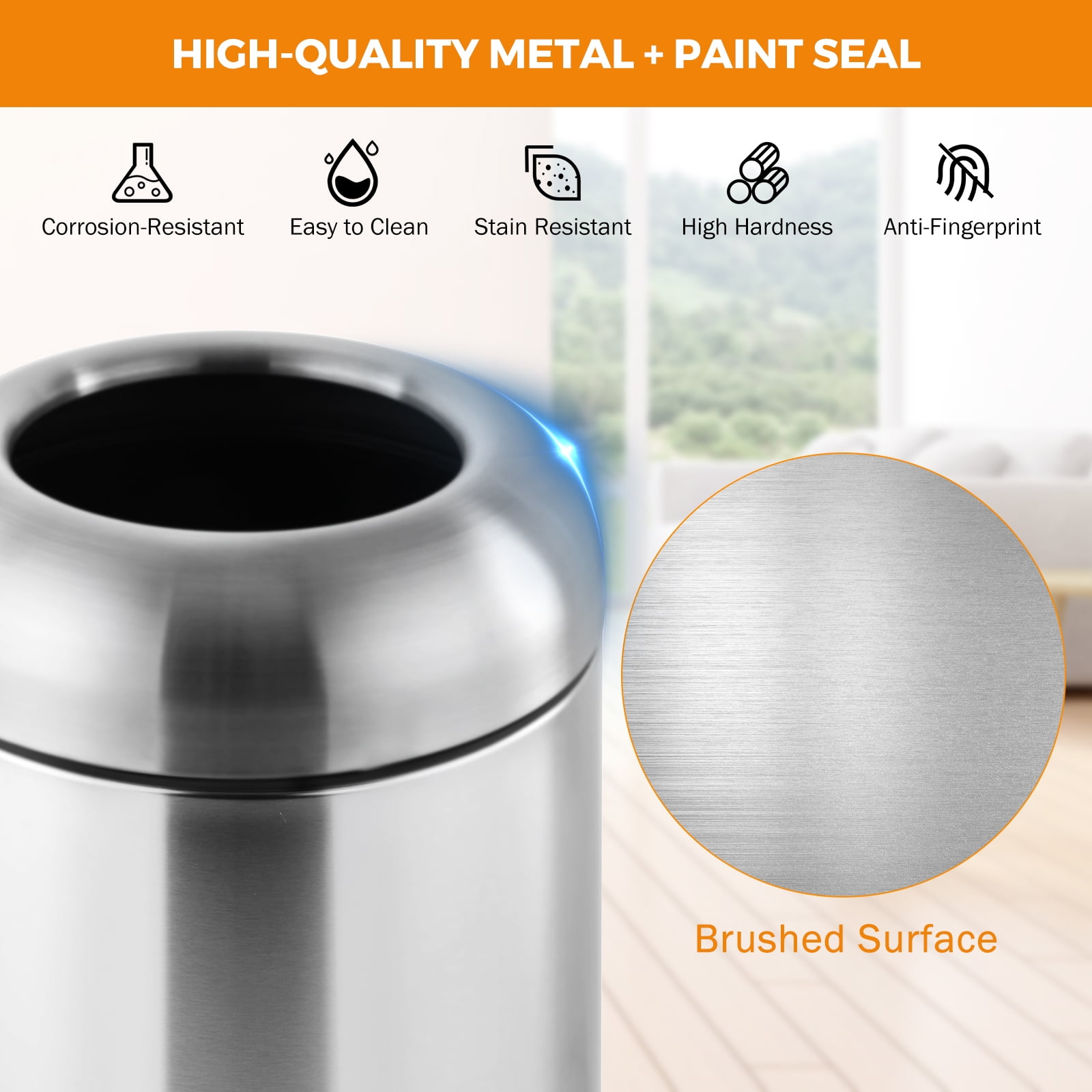 BEAMNOVA Stainless Steel Commercial Trash Can - 30x25x68 Cm, Black, Indoor/Outdoor With Lid & Removable Inner Bucket