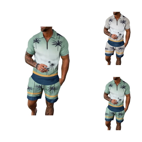 Mens Beach Vacation Outfit Set Short Sleeve Quarter Zip Polo Shirt and Shorts 2 Piece Matching Set Short Sets for Men