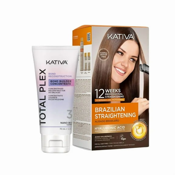 Kativa Brazilian Hair Straightening Kit   Total Plex Concentrated Reconstructor 70ml | 2-Piece Hair Smoothing & Bond Repair Bundle | For Straighter, Stronger Hair