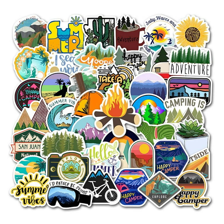 100 Pcs Outdoor Camping Stickers Travel Hiking Adventure Stickers Wilderness Nature Stickers Pack Waterproof Vinyl Stickers Decals for Water Bottle