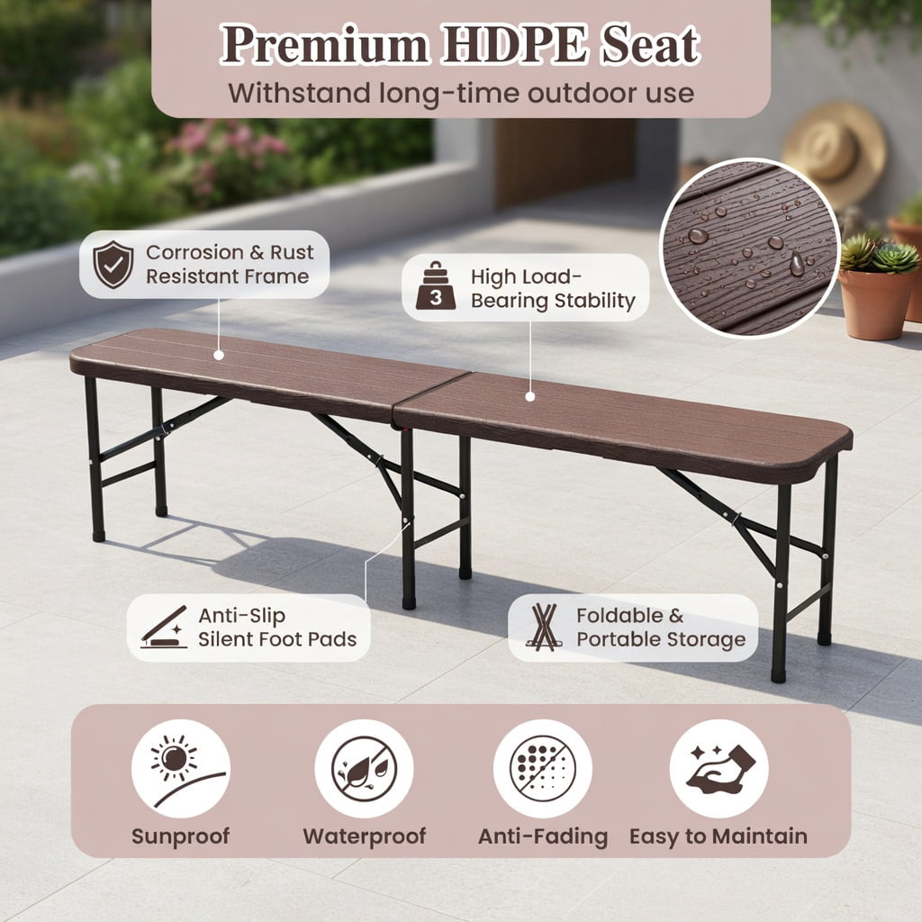 Hommoo 6 Foot Heavy-Duty Folding HDPE Picnic Bench, Compact Foldable Design with Secure Handle Lock, Outdoor Bench for Camping, Backyard, Sports Events, Brown