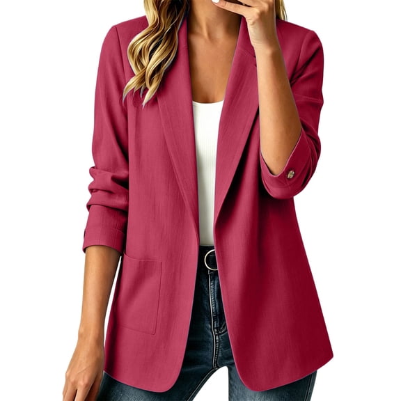 Zivyakyron Fall Womens Blazer Cotton Linen Dressy 3/4 Sleeve Womens Jacket Solid Loose Ruched Open Front Outerwear Red M