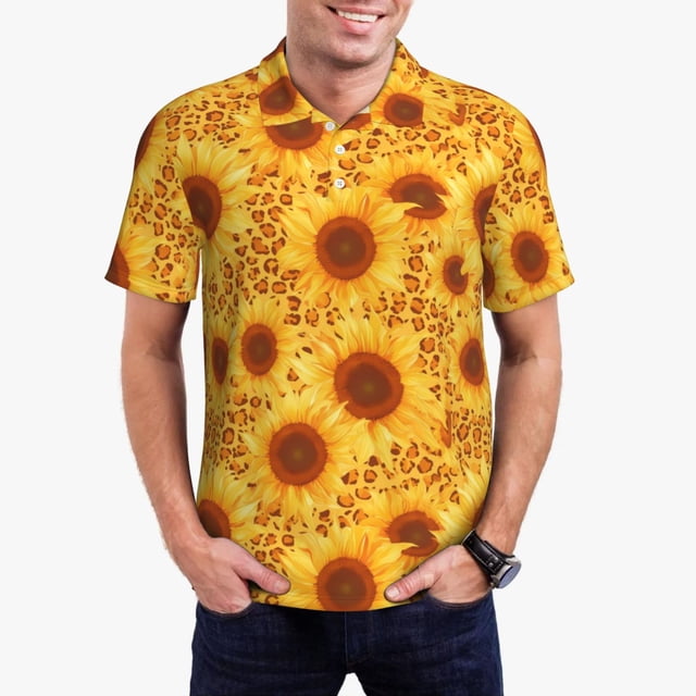 Fotbe Vintage Leopard Print Sunflower Camiseta Polo de Golf para Hombre con Estampado – Camisa Deportiva Transpirable con Cuello Abotonado-Large