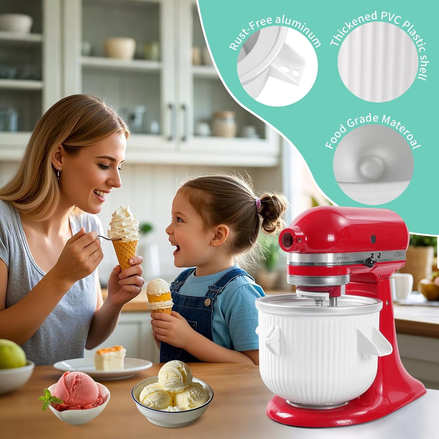Ice Cream Attachment Compatible with KitchenAid 4.5/5/6/7QT Mixers,Makes 2 Quarts of Ice Cream,Compatible with KitchenAid Ice Cream Maker Attachment,Dishwasher safe(Not Fit 3.5QT Mixers)