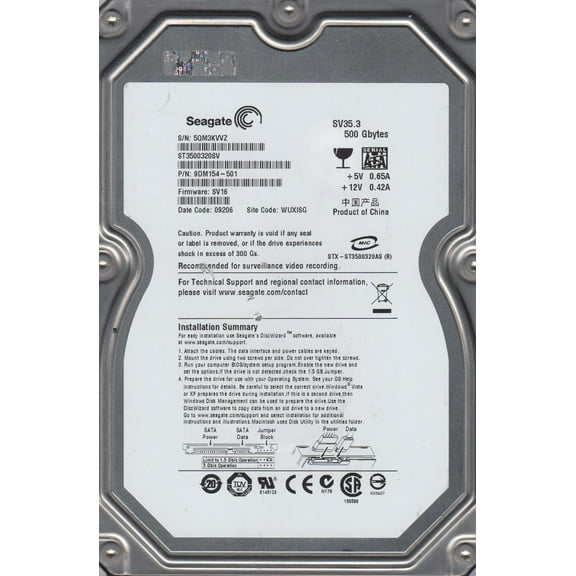 ST3500320SV, 5QM, WUXISG, PN 9DM154-501, FW SV16, Seagate 500GB SATA 3.5 Hard Drive