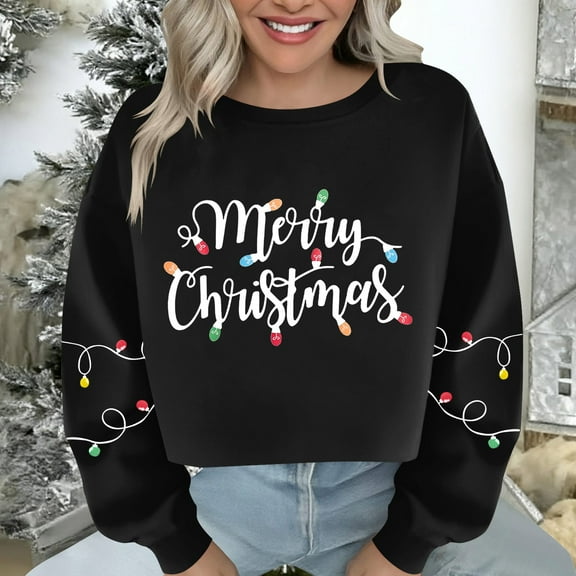 Women's Christmas Sweatshirt Long Sleeve Crewneck Croppde Letter Printed Pullover Top Black-2 2XL