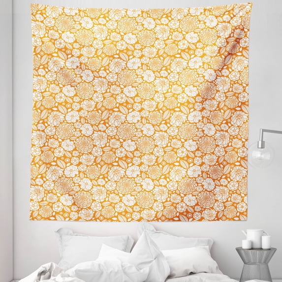 Spring Tapestry, Spring Summer House Garden Field Outdoors with Floral Detailed Leaves Image, Fabric Wall Hanging Decor for Bedroom Living Room Dorm, 5 Sizes, Marigold and White, by Ambesonne