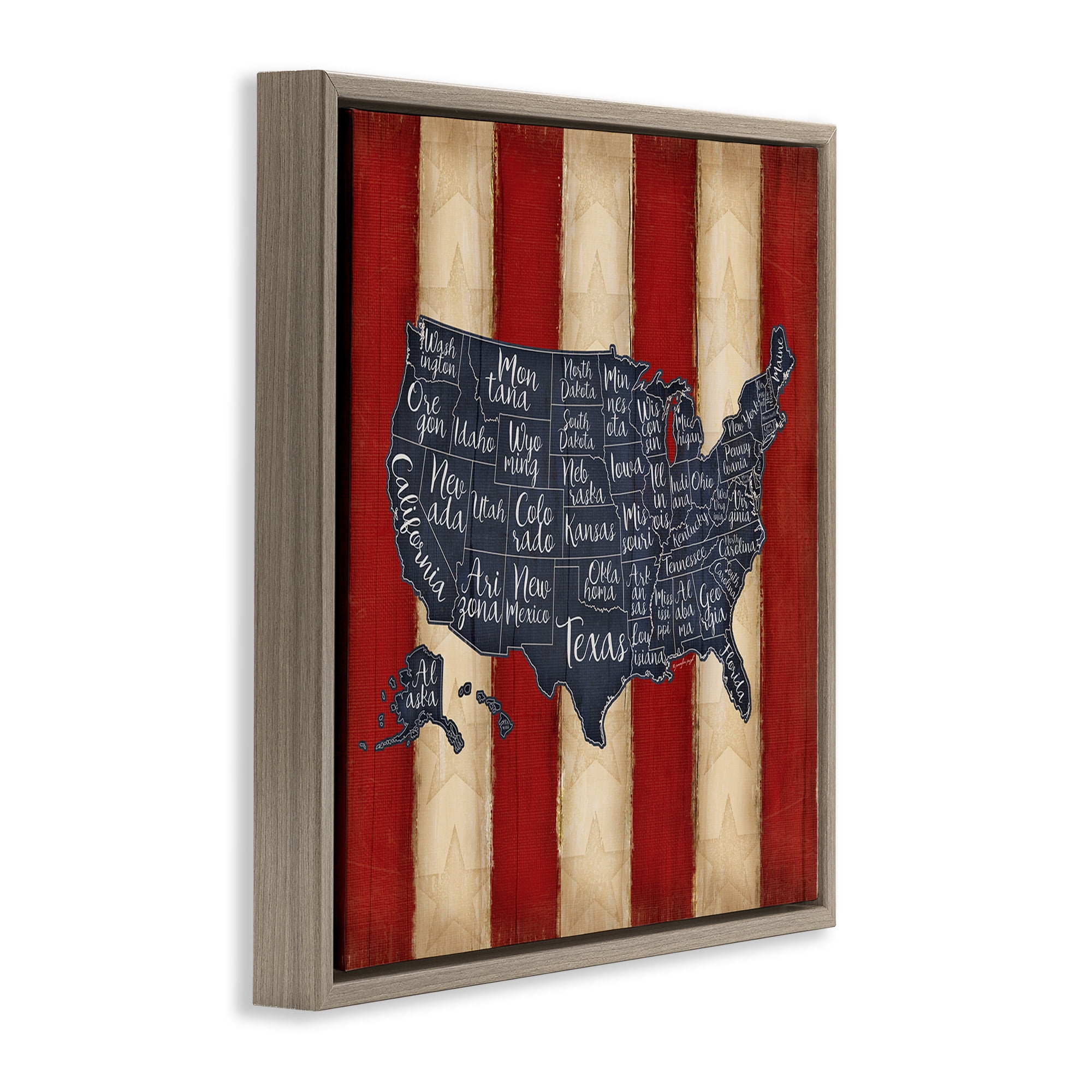 Stupell Industries United States Map on Stripes Art for Kids Painting Brown Floater Framed Canvas Art Print Wall Art, 18 x 18