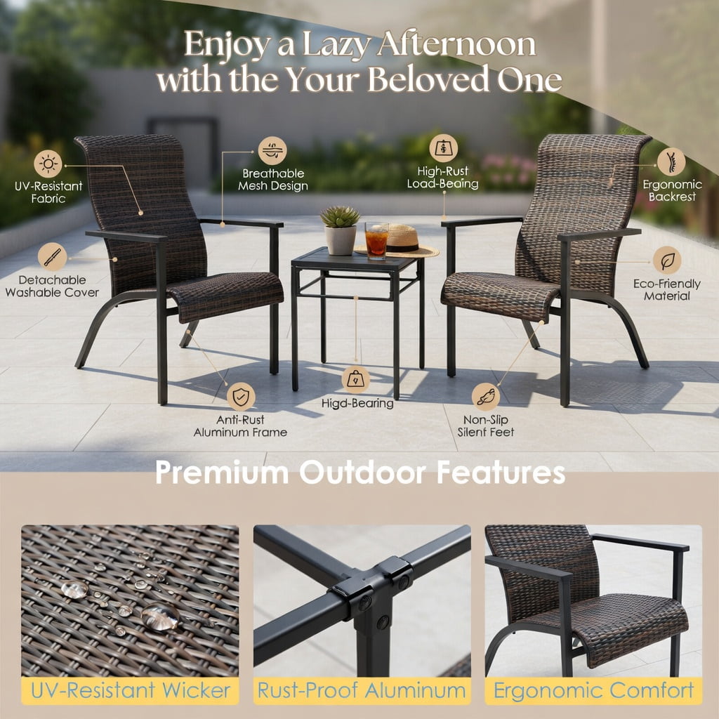 Hommoo 3-Piece Outdoor Patio Bistro Set, Weather-Resistant PE Rattan Table & 2 High-Back Chairs with Armrests, Compact for Balcony, Backyard & Poolside, Brown