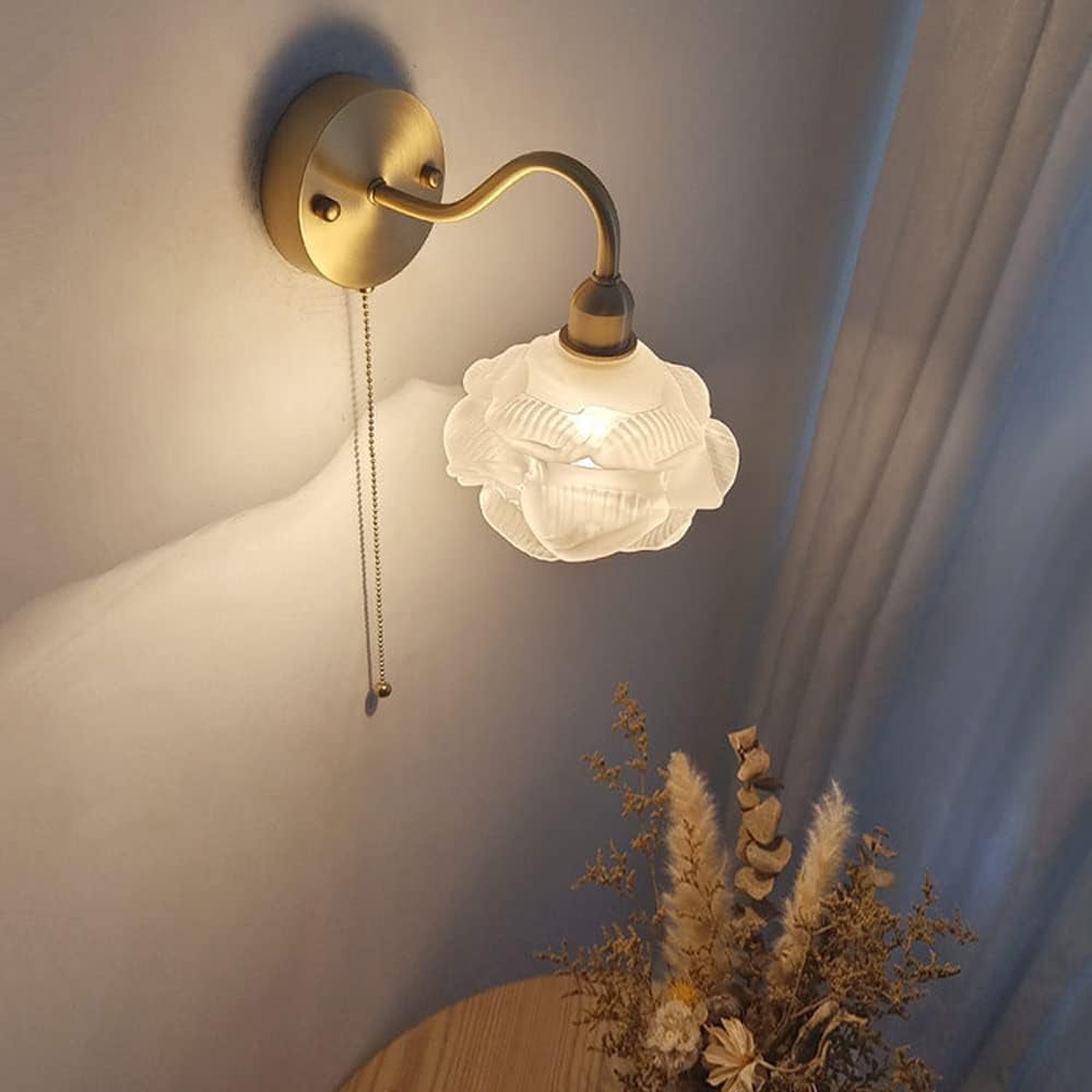 Elegant Copper Wall Sconce Modern Wall Light with Pull Chain Switch, Glass Wall Lamp Shade in Flower Shape, Nordic Wall Mount Lighting Fixtures for Living Room Bedroom