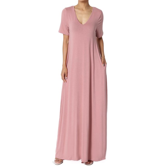 TheMogan Robe Maxi Surdimensionnée en Jersey Doux pour Femmes, Col en V, Manches Courtes avec Poche