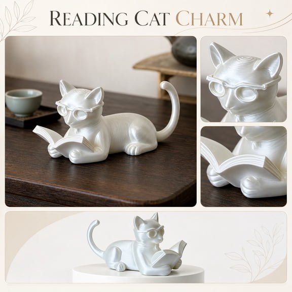 Cat Decor for Home 3D Printed Animal Reading Glasses Cat Figurine, Minimalist Shelf Decor Book Decor Aesthetic, Whimsical Home Decoration for Book Nook, Pearl White 1 Piece
