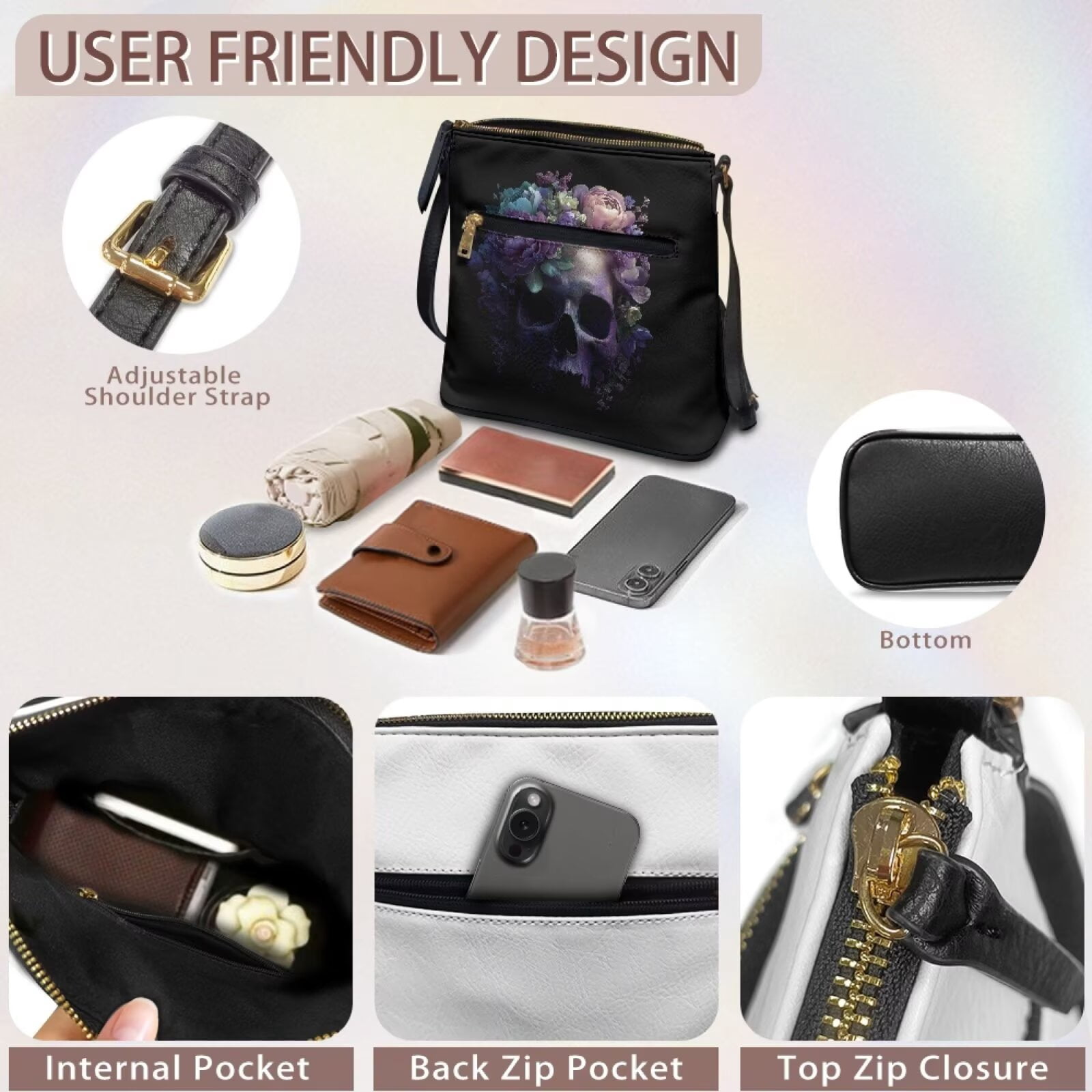 DISNIMO Skull Peony Print Crossbody Handbag PU Leather Shoulder Bag Purse with Zipper Lightweight Fashion Messenger Handbag for Work Shopping Travel