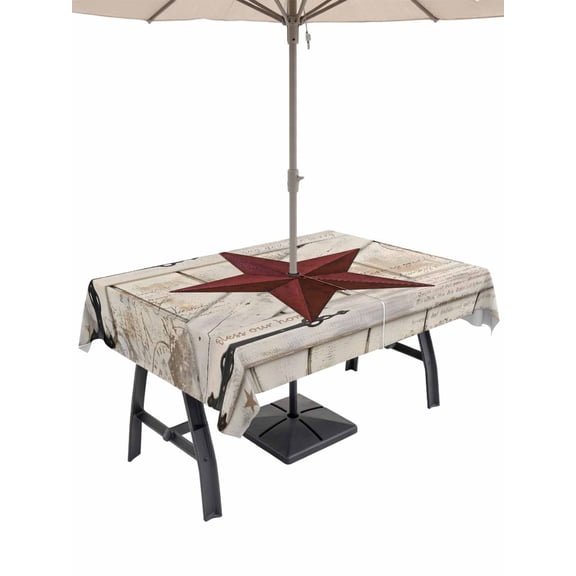 Outdoor Tablecloths with Umbrella Hole & Zipper, Texas Star Vintage 60 x102 Inch Rectangle Tablecloths, Red Retro Berry Wooden Waterproof Table Cloth, Patio/Pool/Picnic Table Covers