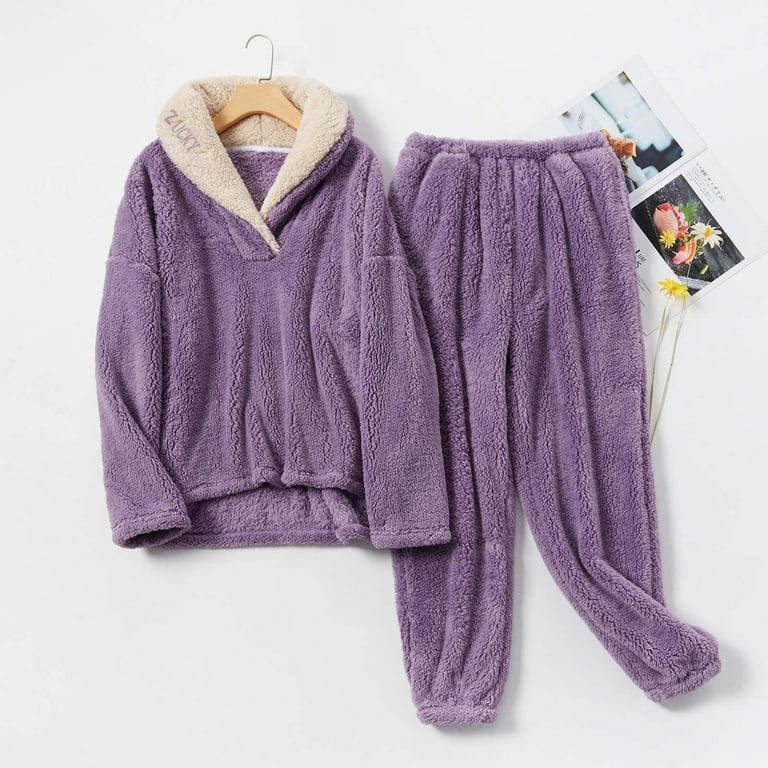 Women 2 Piece Warm Fleece Pajamas Set Soft Sleepwear Long Sleeve Crewneck  Pullover Shirt with Pocket Pants Winter Homewear 