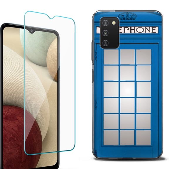 Slim-Fit Protective Fashion Phone Case (Black) for Samsung Galaxy A03s, with Tempered Glass Screen Protector, by OneToughShield ® - Phone Booth Blue