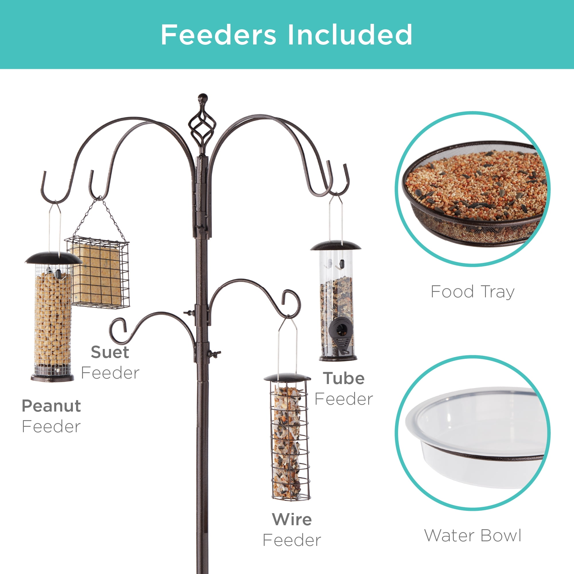 Best Choice Products 89in 6-Hook Bird Feeding Station, Steel Multi-Feeder Stand w/ 4 Feeders, Tray, Bird Bath - Bronze