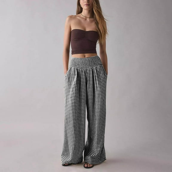 Gamivast Plaid Pants for Women Y2K Baggy Wide Leg Trousers with Pockets Lightweight High Elastic Waist Activewear Sweatpants Casual Streetwear Tall Pant