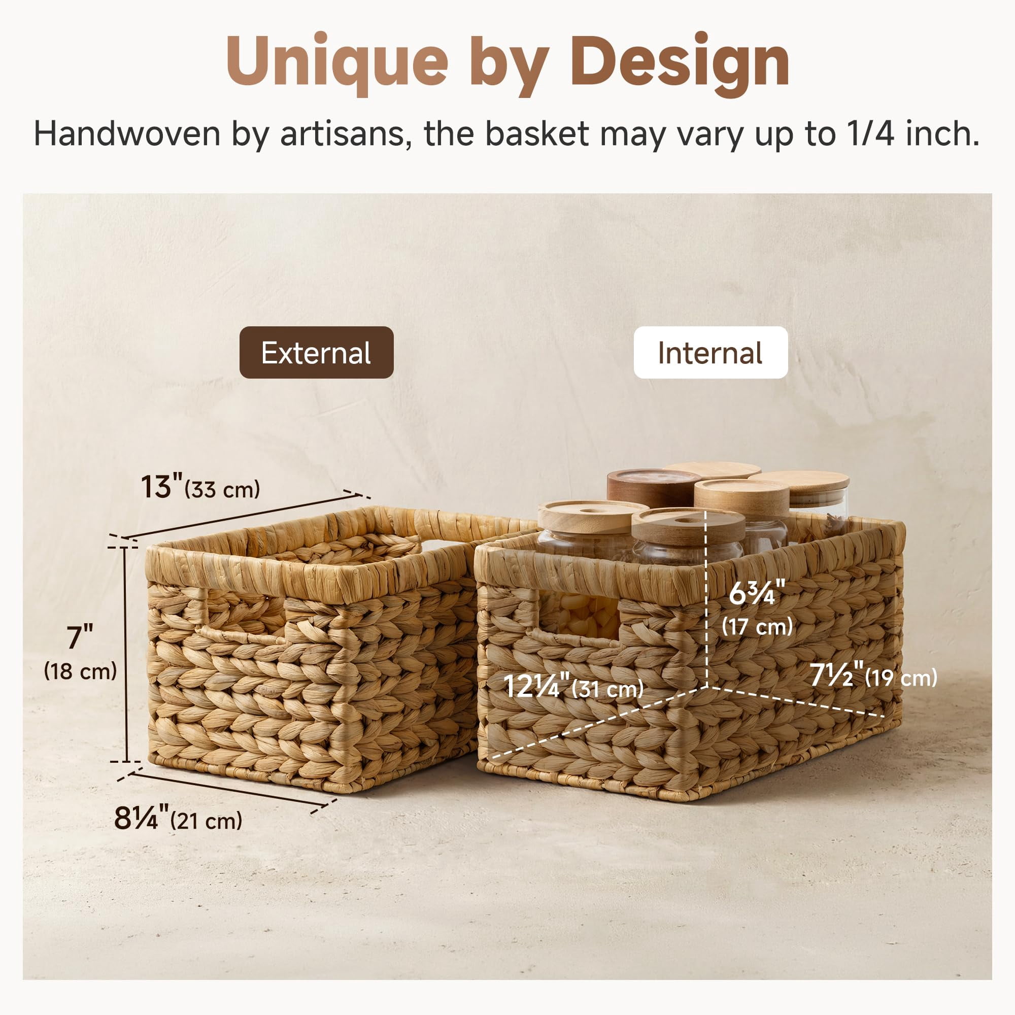 Wicker Storage Baskets for Organizing, Water Hyacinth Shelf Baskets with Built-in Handles, Medium 2 Pack, Natural Hyacinth