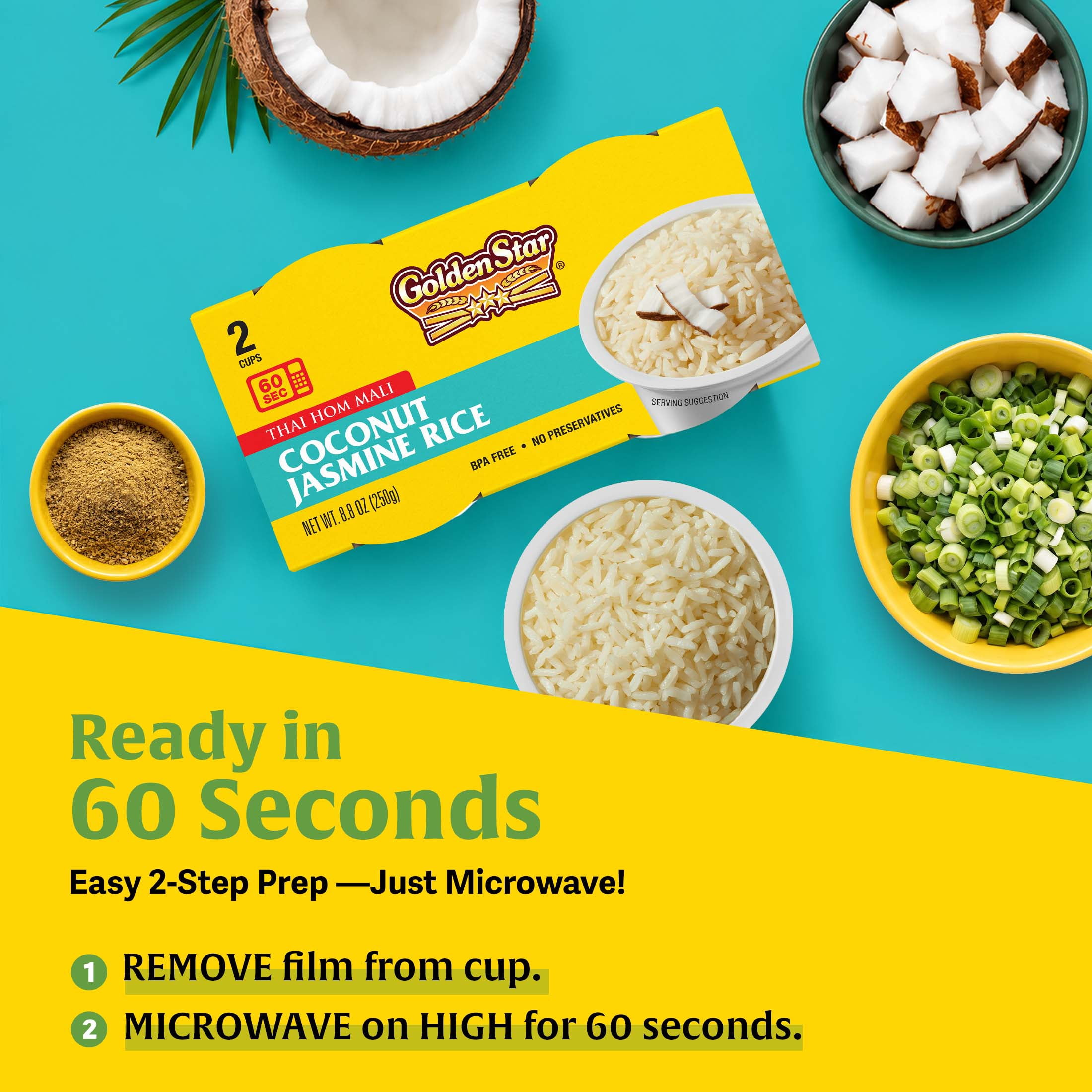 Golden Star Coconut Jasmine Rice, Ready to Heat Microwaveable Cups, 4.4 oz 2-pack