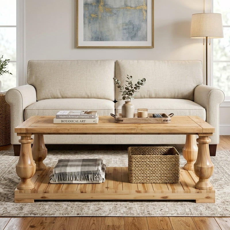 Farmhouse Coffee Table with 2-Tier Storage Shelf, Rustic Living Room Center End Table with Solid Wood Vintage Turned Legs